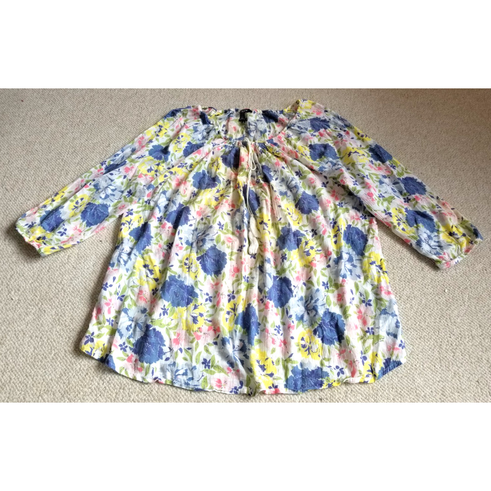 Womens Top-CHAPS RALPH LAUREN-white/blue floral gauzy tassels Cottagecore-1X